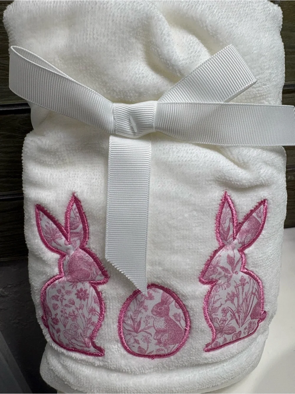 Kassafina Home Collection White Hand Towels w/Pink Bunny Embroidery - Set of 2